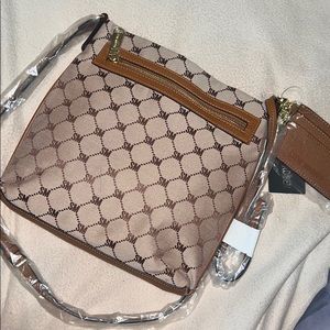 Steve Madden Crossbody Bag. Tan w/ Brown Logo Print